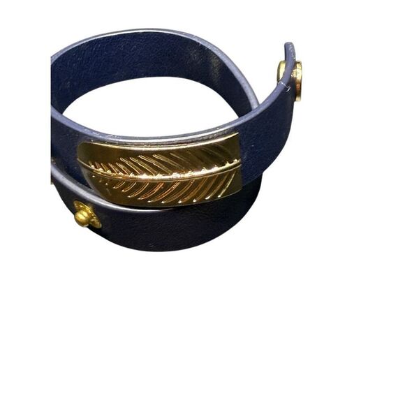 Armani Exchange Navy Leather Wrap Bracelet with Gold Leaf Plate - Picture 3 of 6